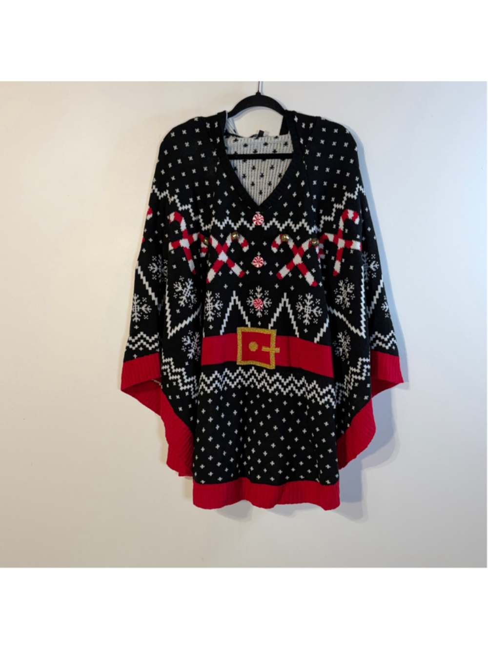 Christmas Sweater Hooded Poncho Cape Candy Cane Santa Belt Women’s 3X Black Red